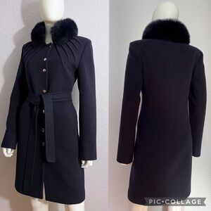 NWT‎ WOMEN WINTER COAT WOOL BLEND REAL RACCOON FUR COLLAR INSULATED BELTED NAVY